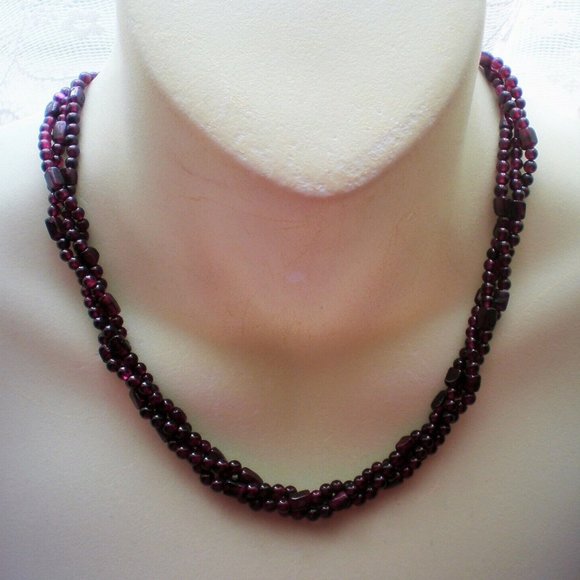 Antique Vintage Two Strand Genuine Rhodolite Garnet Beads Beaded Necklace 25"